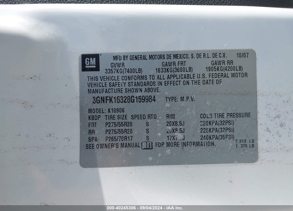 2008 CHEVROLET SUBURBAN 1500 LTZ VIN: 3GNFK16328G159984