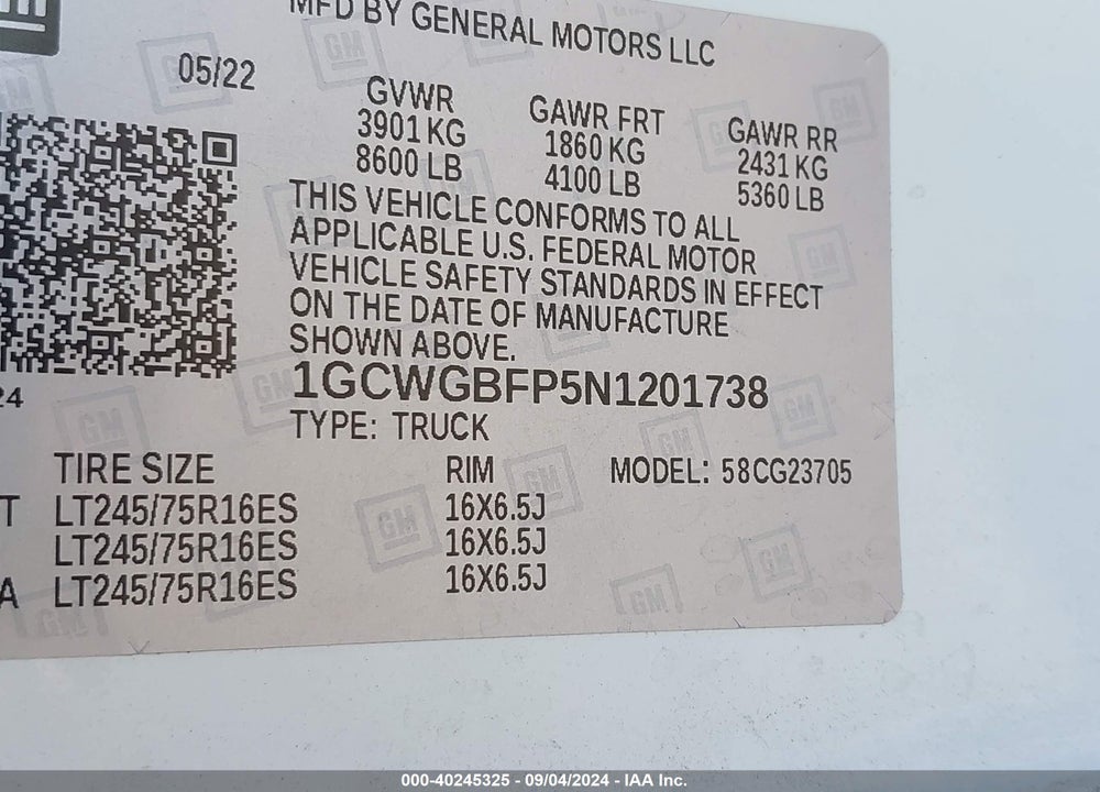 2022 CHEVROLET EXPRESS CARGO VIN: 1GCWGBFP5N1201738
