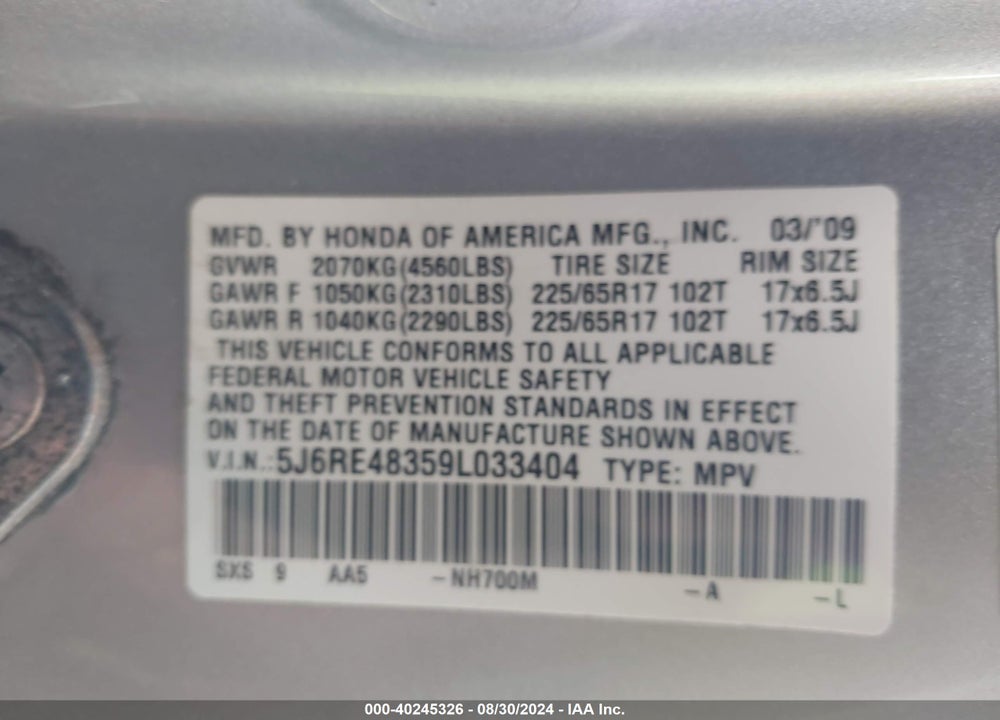 2009 HONDA CR-V LX VIN: 5J6RE48359L033404