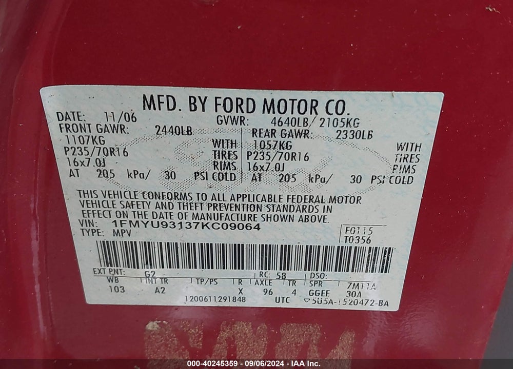 2007 FORD ESCAPE XLT/XLT SPORT VIN: 1FMYU93137KC09064