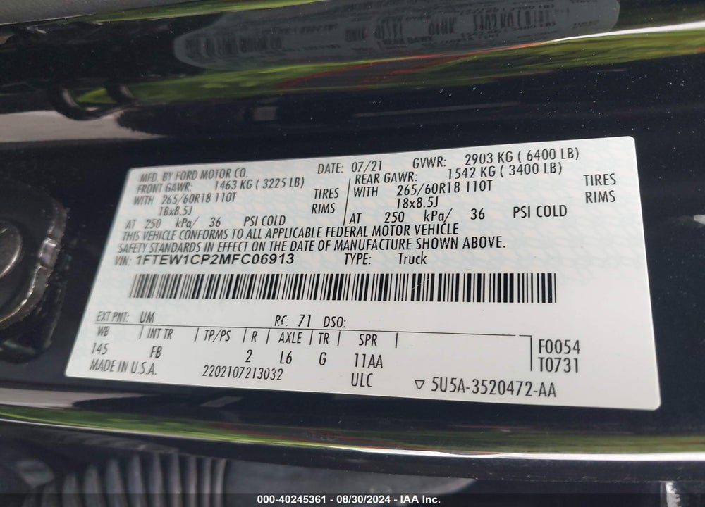 2021 FORD F-150 XLT VIN: 1FTEW1CP2MFC06913