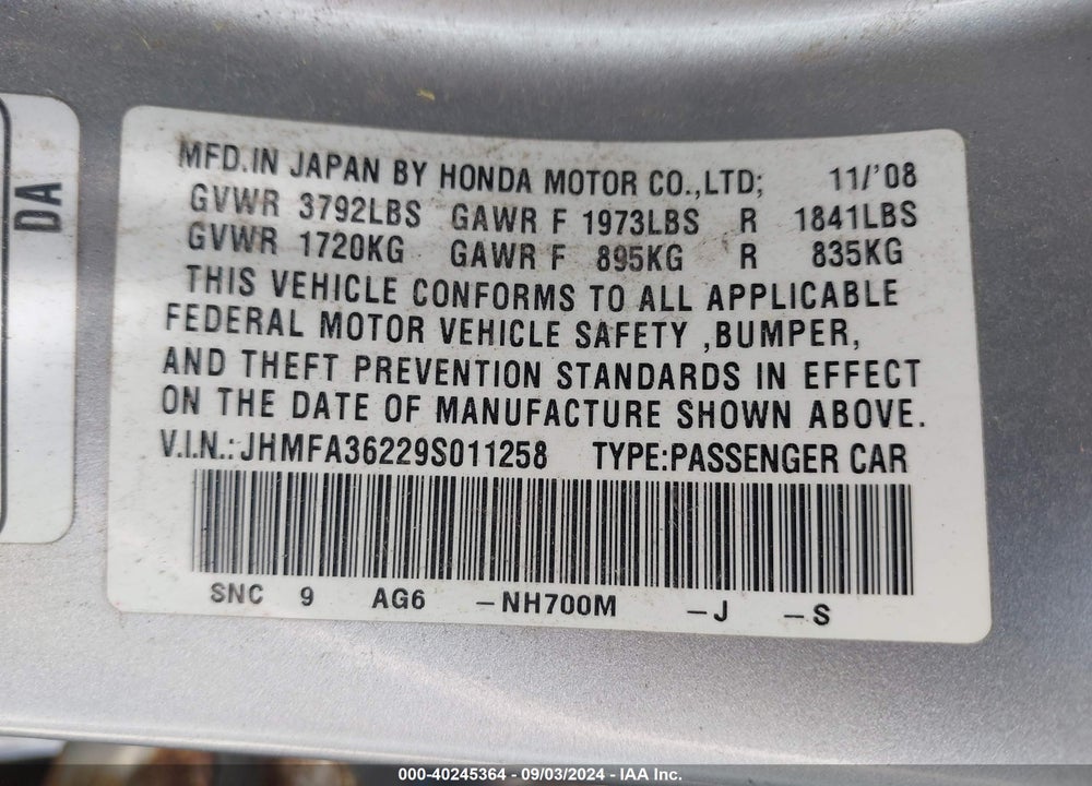 2009 HONDA CIVIC HYBRID VIN: JHMFA36229S011258