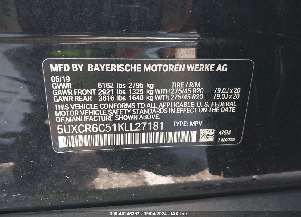 2019 BMW X5 XDRIVE40I VIN: 5UXCR6C51KLL27181