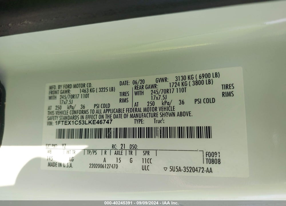 2020 FORD F-150 XL VIN: 1FTEX1C53LKE46747
