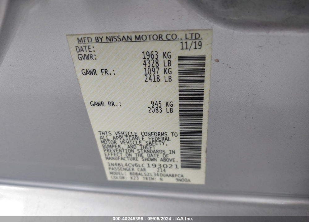 2020 NISSAN ALTIMA SR FWD VIN: 1N4BL4CV6LC193021