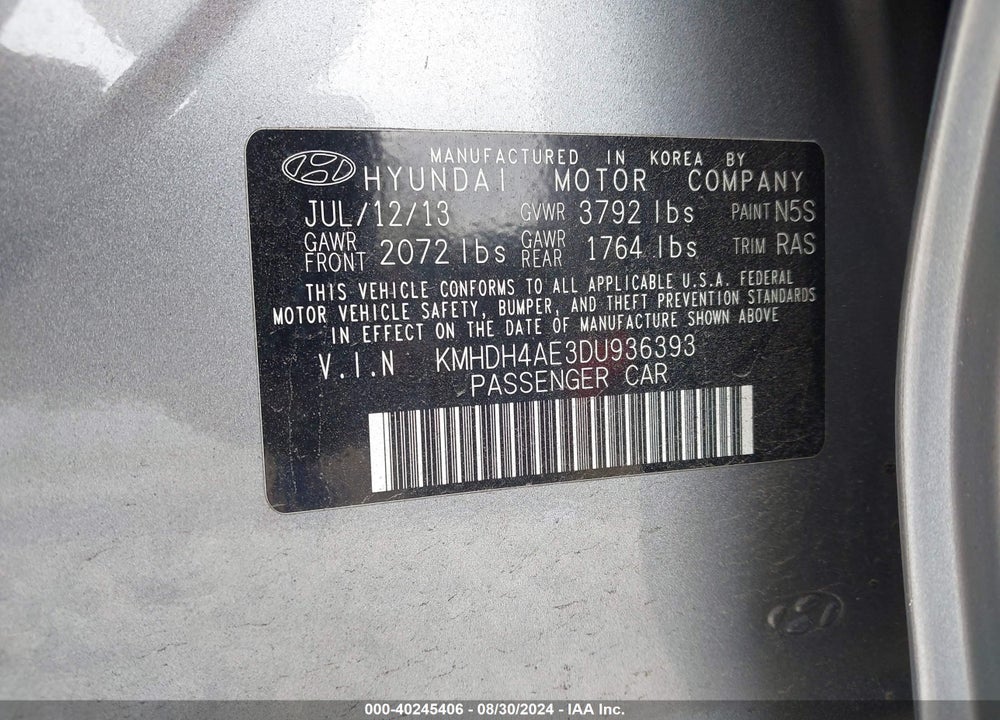 2013 HYUNDAI ELANTRA GLS VIN: KMHDH4AE3DU936393