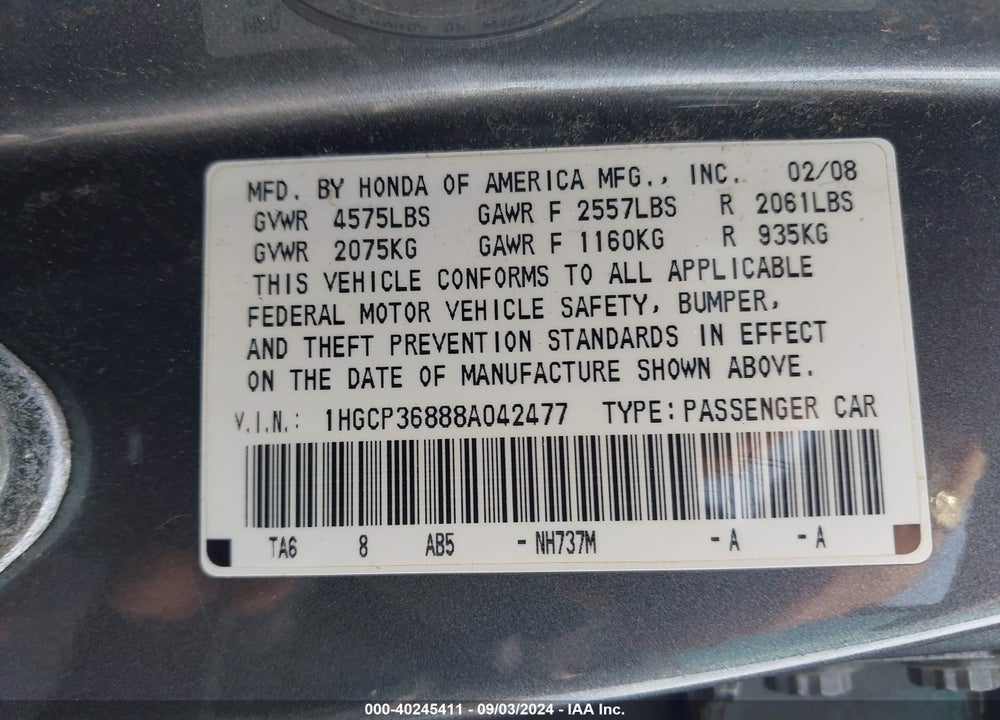 2008 HONDA ACCORD 3.5 EX-L VIN: 1HGCP36888A042477