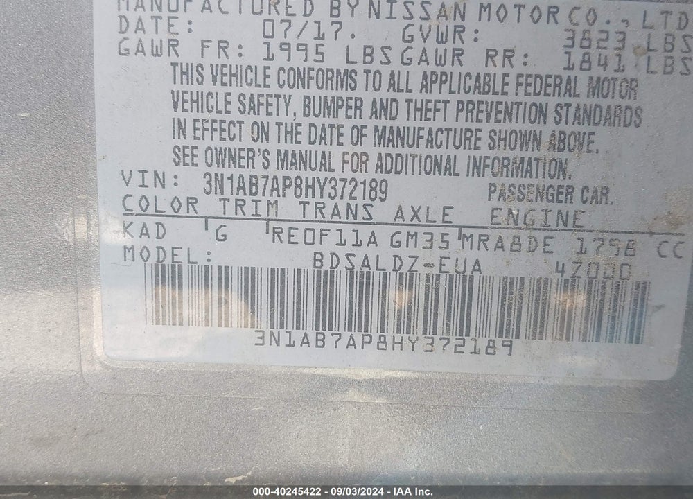 2017 NISSAN SENTRA SV VIN: 3N1AB7AP8HY372189