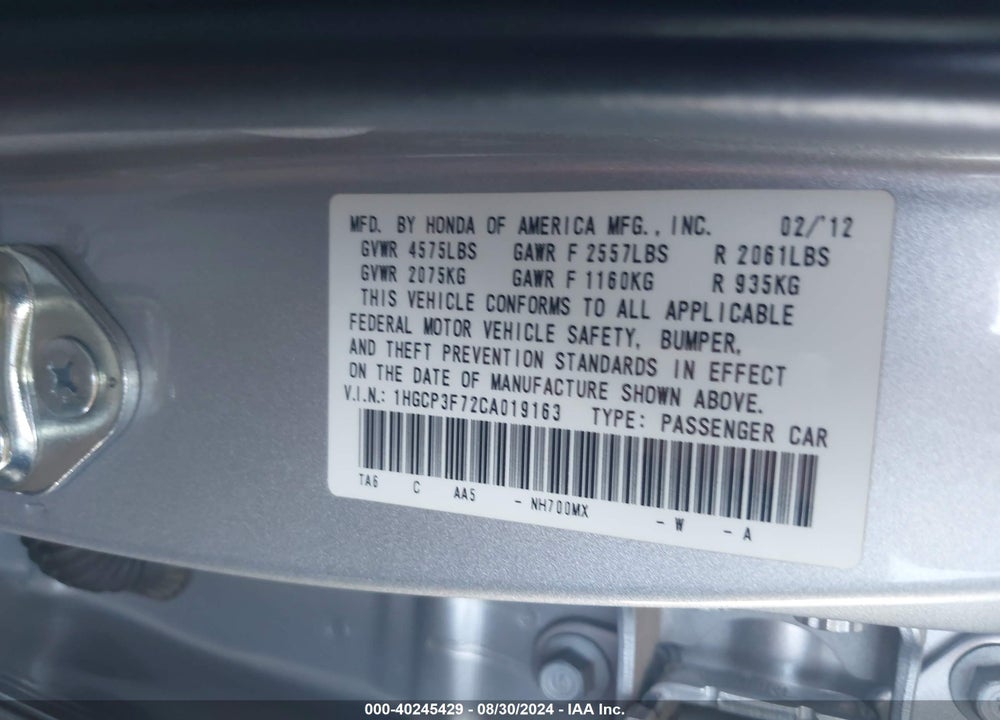 2012 HONDA ACCORD 3.5 EX VIN: 1HGCP3F72CA019163