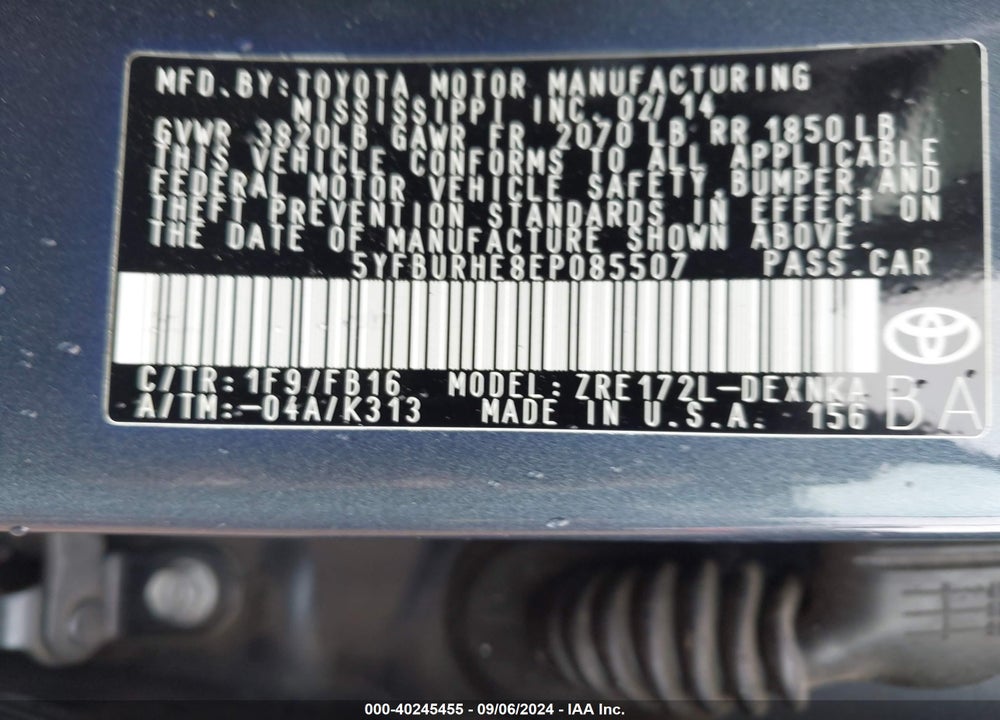 2014 TOYOTA COROLLA LE VIN: 5YFBURHE8EP085507