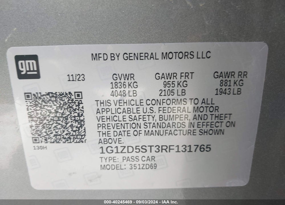 2024 CHEVROLET MALIBU FWD 1LT VIN: 1G1ZD5ST3RF131765
