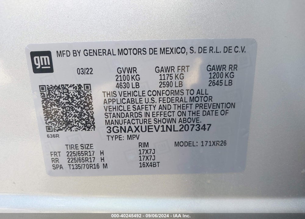 2022 CHEVROLET EQUINOX AWD LT VIN: 3GNAXUEV1NL207347