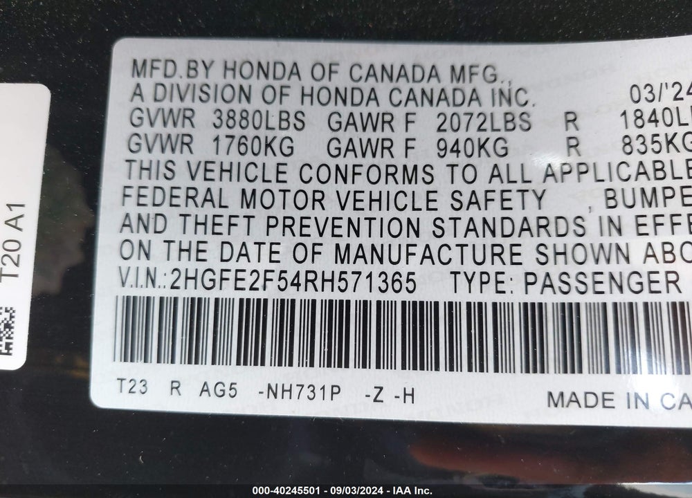 2024 HONDA CIVIC SPORT VIN: 2HGFE2F54RH571365