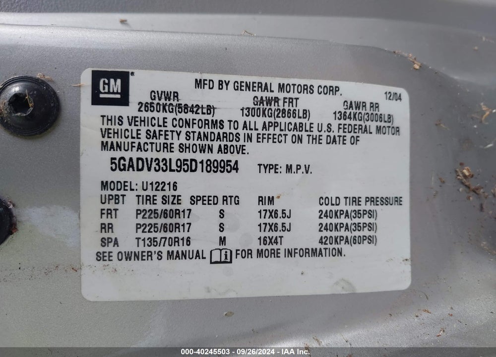 2005 BUICK TERRAZA CXL VIN: 5GADV33L95D189954