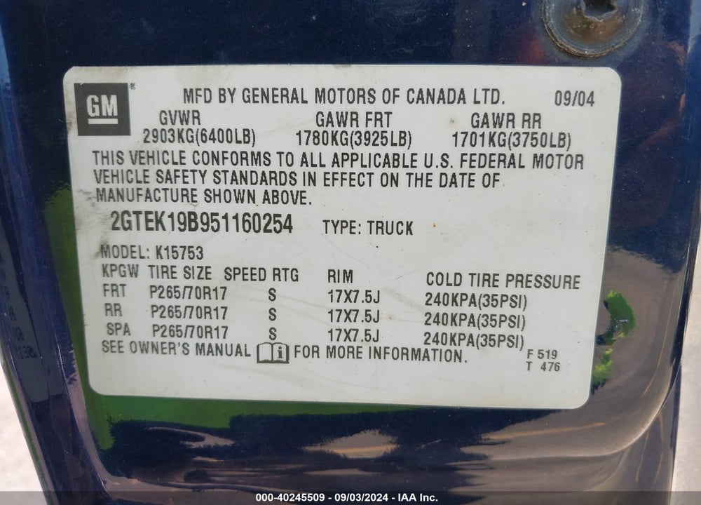 2005 GMC SIERRA 1500 SLE VIN: 2GTEK19B951160254