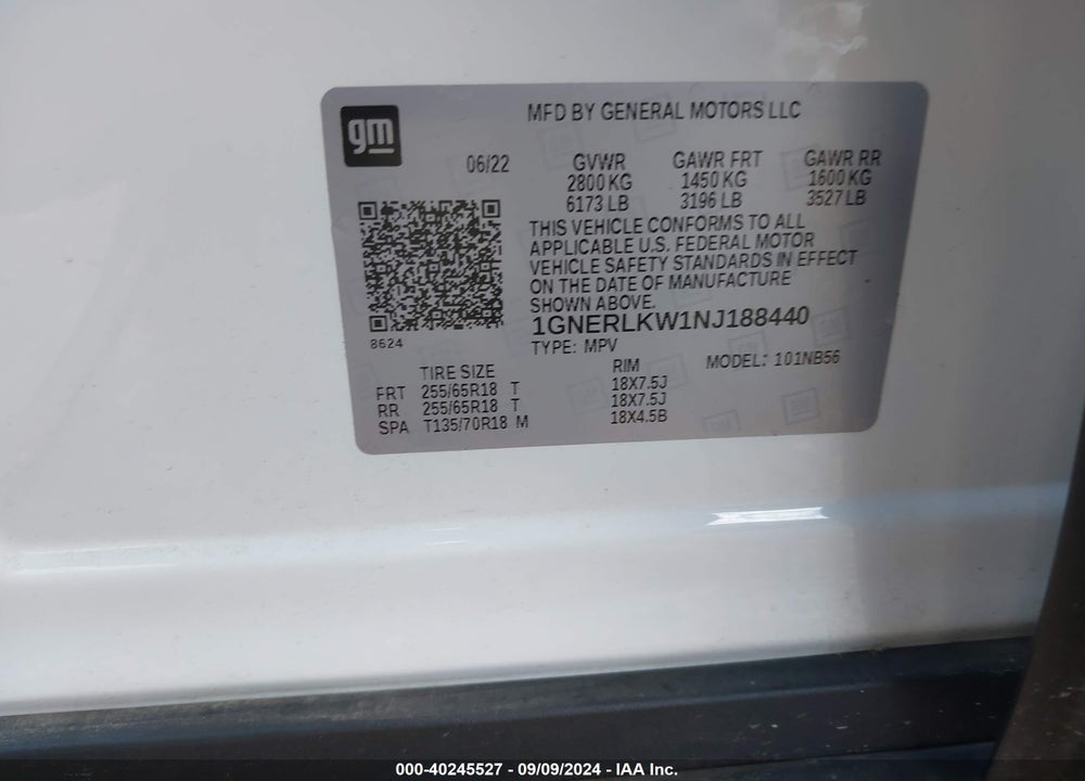 2022 CHEVROLET TRAVERSE FWD 1FL VIN: 1GNERLKW1NJ188440