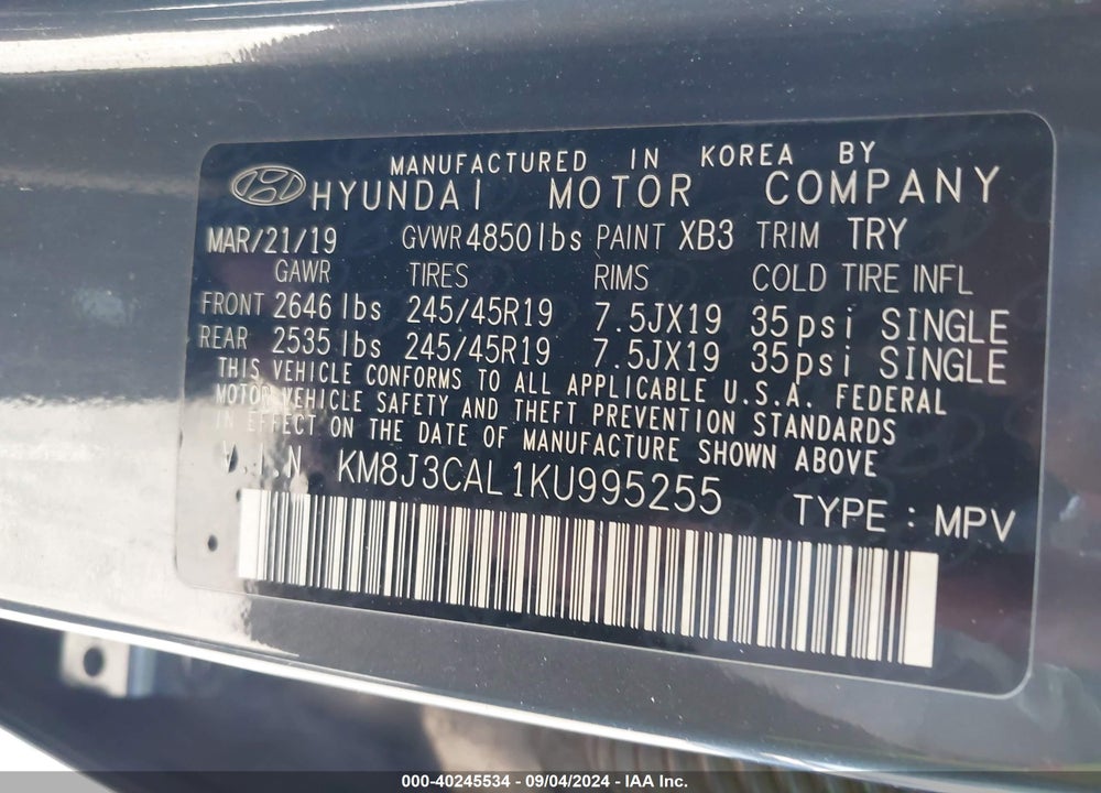 2019 HYUNDAI TUCSON SPORT VIN: KM8J3CAL1KU995255