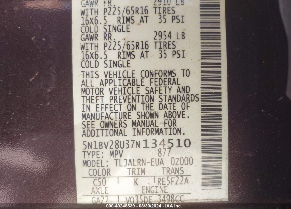 2007 NISSAN QUEST 3.5 VIN: 5N1BV28U37N134510