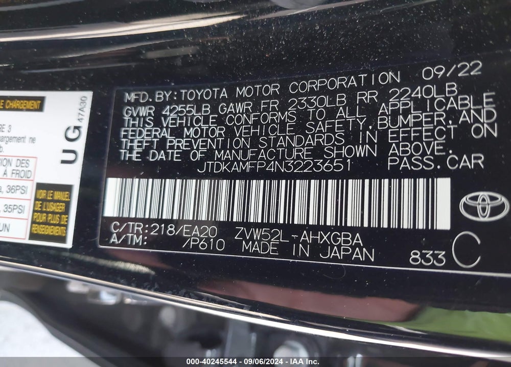 2022 TOYOTA PRIUS PRIME XLE VIN: JTDKAMFP4N3223651