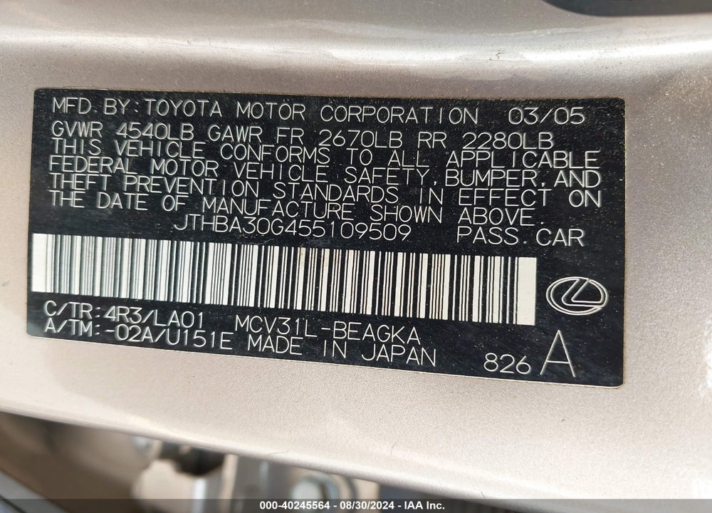 2005 LEXUS ES 330 VIN: JTHBA30G455109509