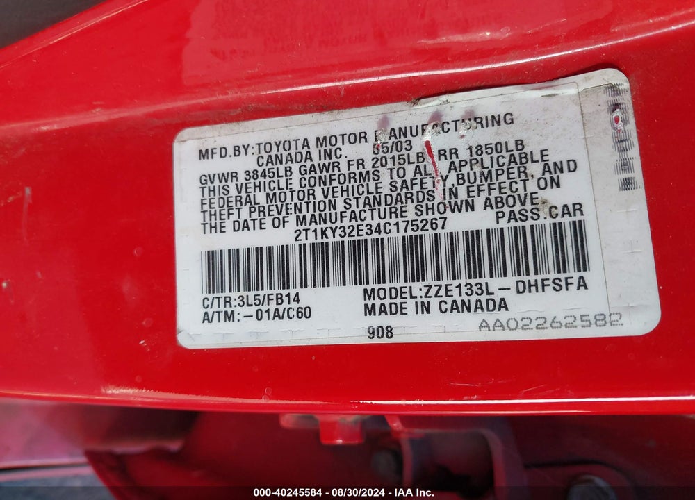 2004 TOYOTA MATRIX VIN: 2T1KY32E34C175267