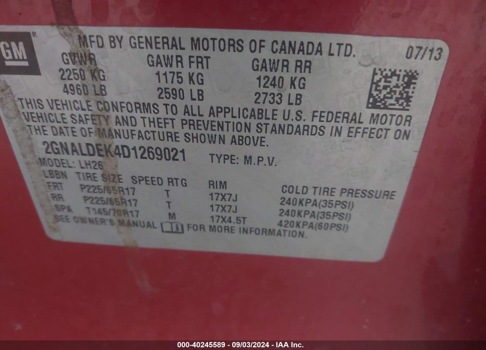 2013 CHEVROLET EQUINOX 1LT VIN: 2GNALDEK4D1269021
