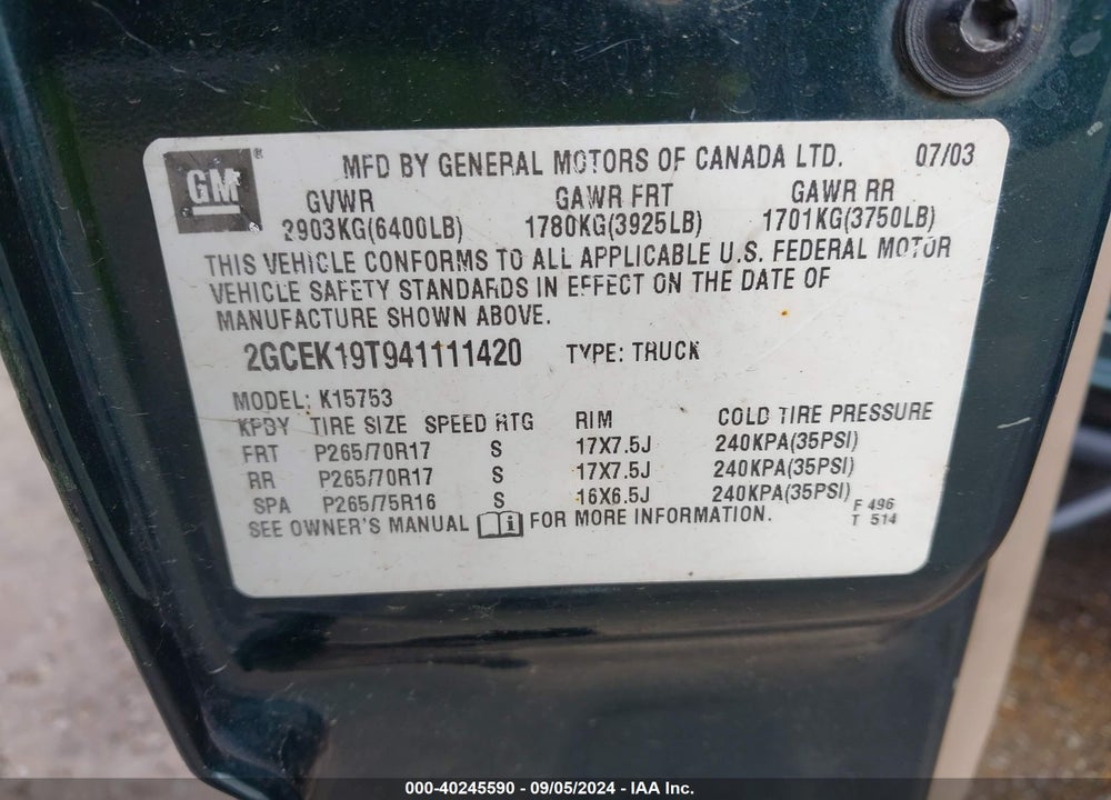 2004 CHEVROLET SILVERADO 1500 Z71 VIN: 2GCEK19T941111420