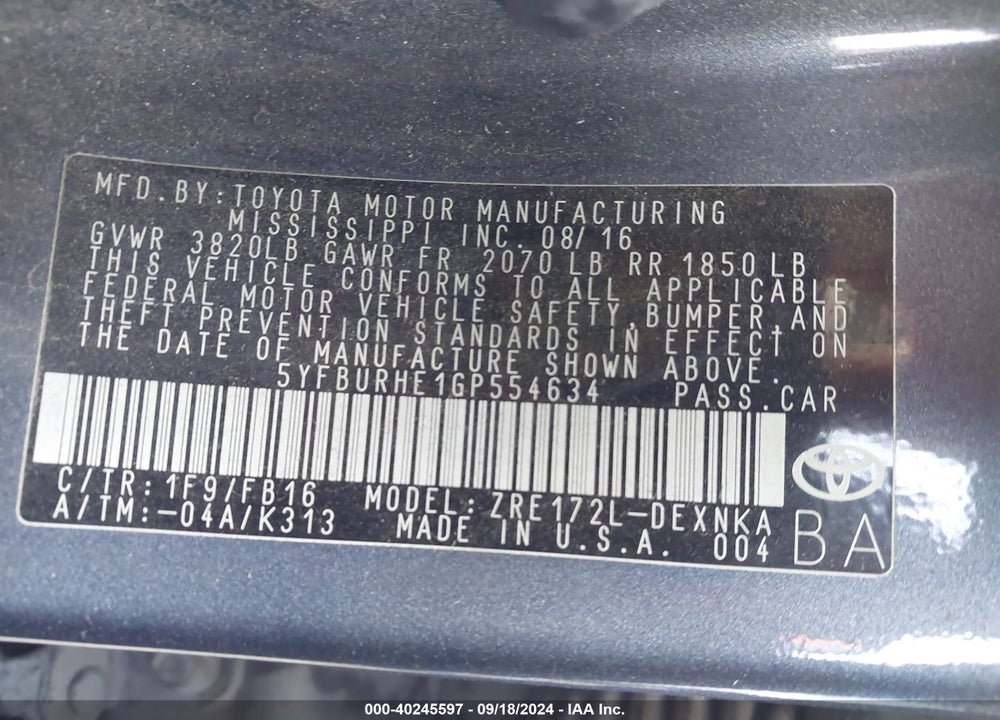 2016 TOYOTA COROLLA LE VIN: 5YFBURHE1GP554634