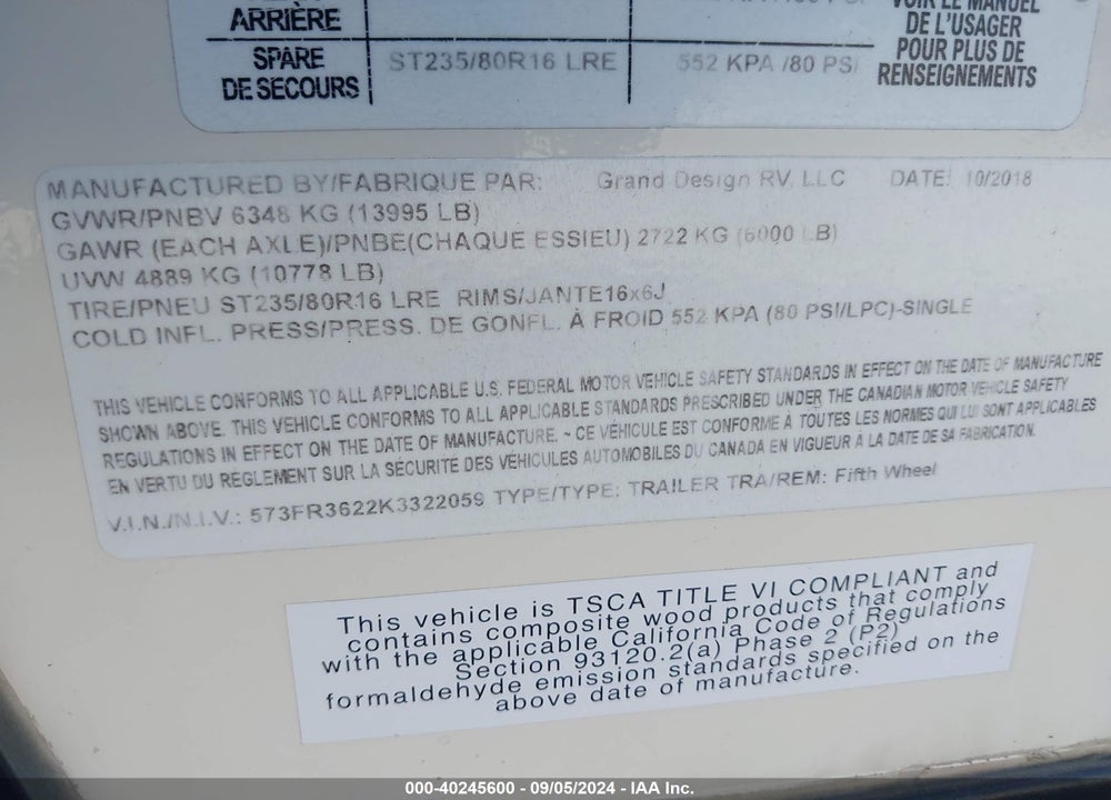 2019 GRAND DESI REFLECTION VIN: 573FR3622K3322059