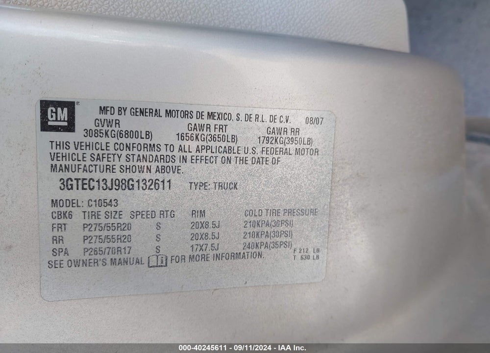 2008 GMC SIERRA 1500 SLT VIN: 3GTEC13J98G132611