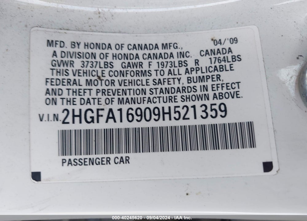2009 HONDA CIVIC EX-L VIN: 2HGFA16909H521359