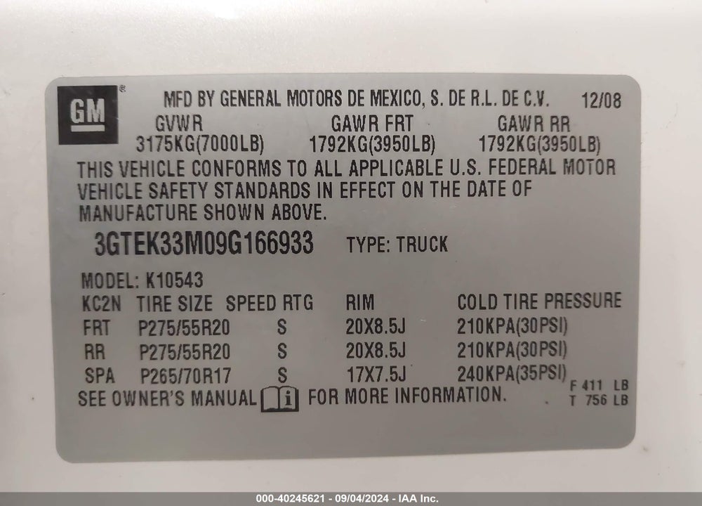2009 GMC SIERRA 1500 SLT VIN: 3GTEK33M09G166933