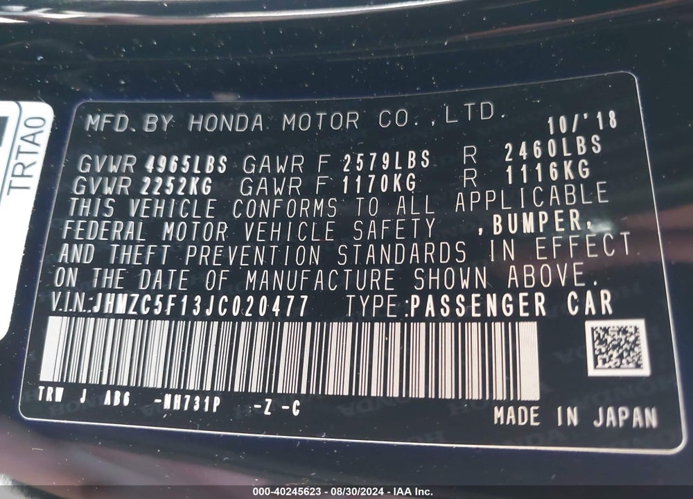 2018 HONDA CLARITY PLUG-IN HYBRID VIN: JHMZC5F13JC020477