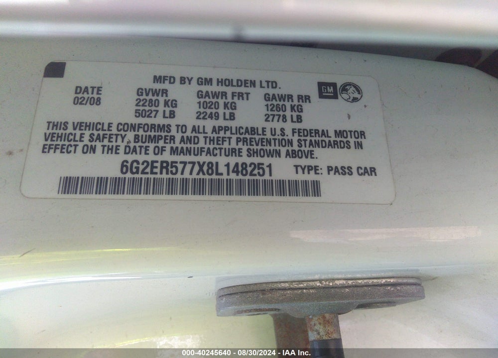 2008 PONTIAC G8 VIN: 6G2ER577X8L148251