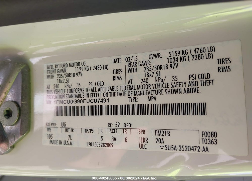 2015 FORD ESCAPE SE VIN: 1FMCU0G90FUC07491