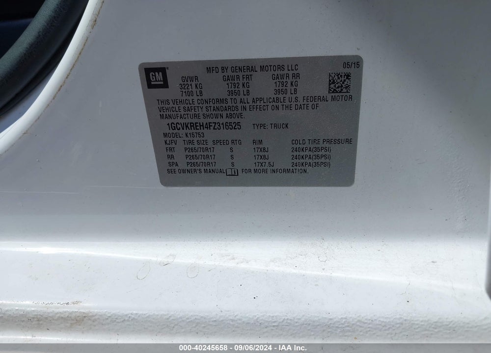 2015 CHEVROLET SILVERADO 1500 2LT VIN: 1GCVKREH4FZ316525
