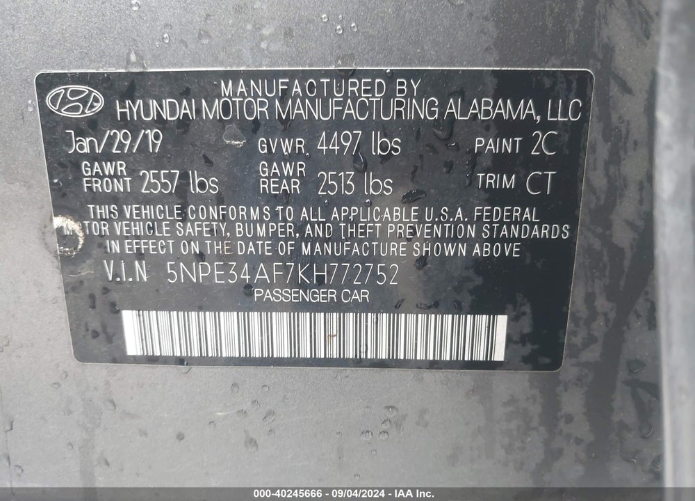 2019 HYUNDAI SONATA SPORT VIN: 5NPE34AF7KH772752