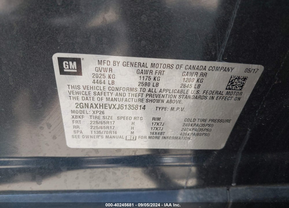 2018 CHEVROLET EQUINOX LS VIN: 2GNAXHEVXJ6135814