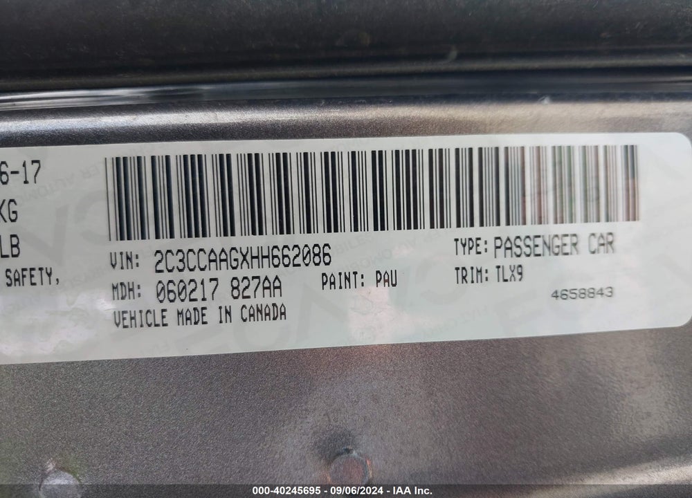 2017 CHRYSLER 300 LIMITED VIN: 2C3CCAAGXHH662086