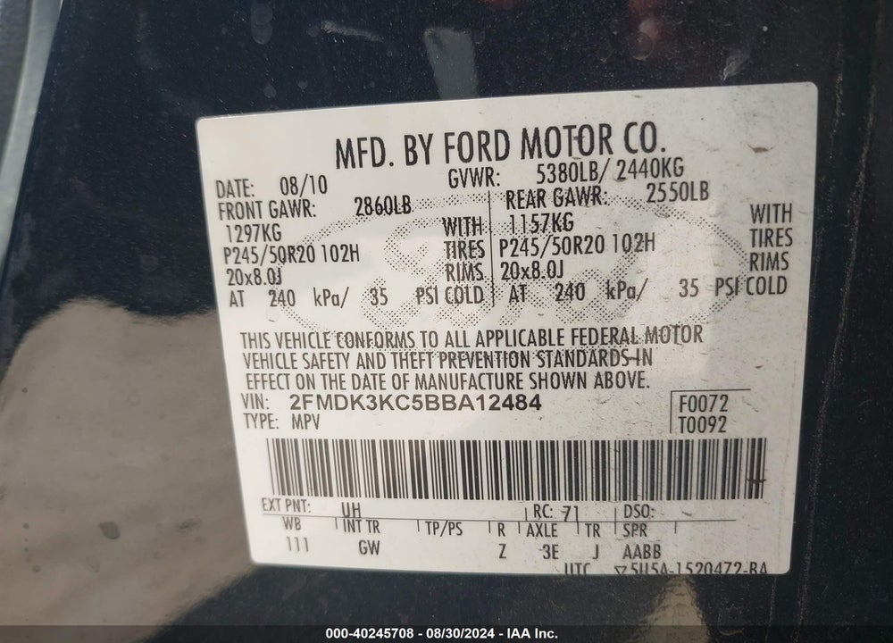 2011 FORD EDGE LIMITED VIN: 2FMDK3KC5BBA12484