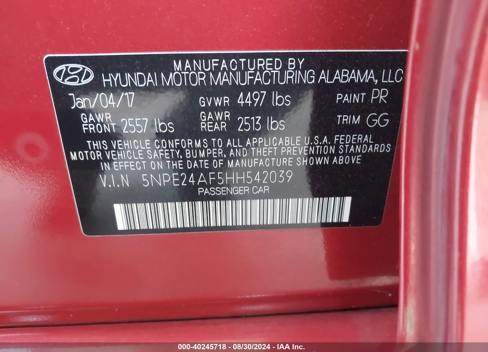 2017 HYUNDAI SONATA VIN: 5NPE24AF5HH542039