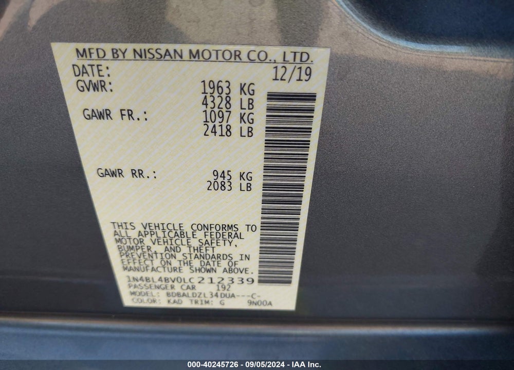 2020 NISSAN ALTIMA S FWD VIN: 1N4BL4BV0LC212339