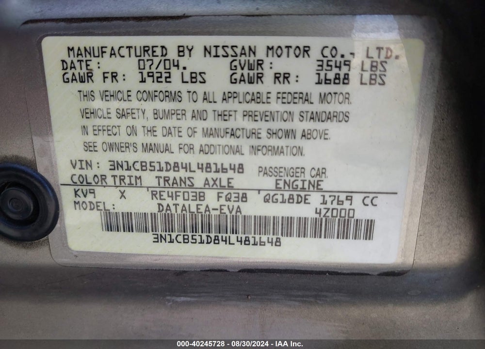 2004 NISSAN SENTRA 1.8/1.8S VIN: 3N1CB51D84L481648