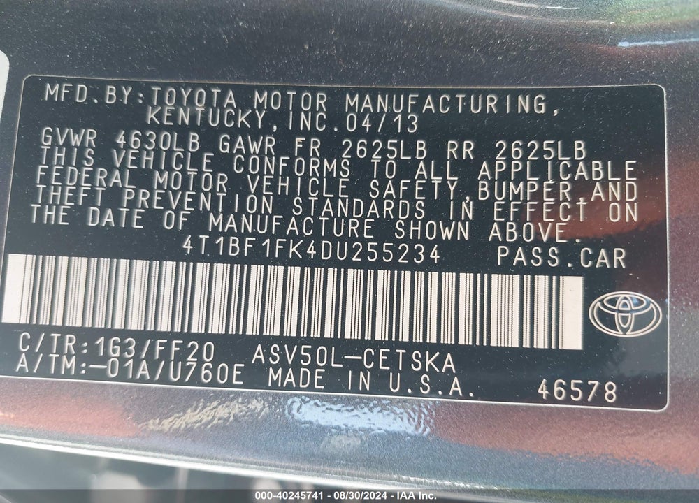 2013 TOYOTA CAMRY SE VIN: 4T1BF1FK4DU255234