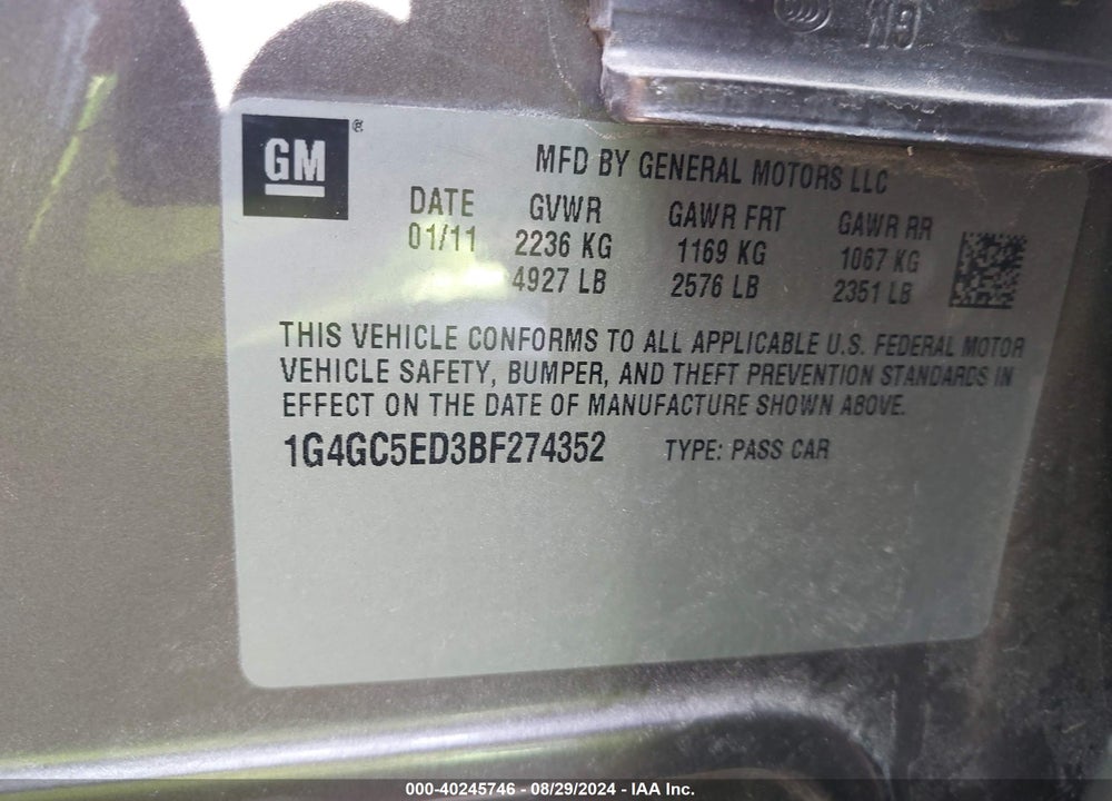 2011 BUICK LACROSSE VIN: 1G4GC5ED3BF274352