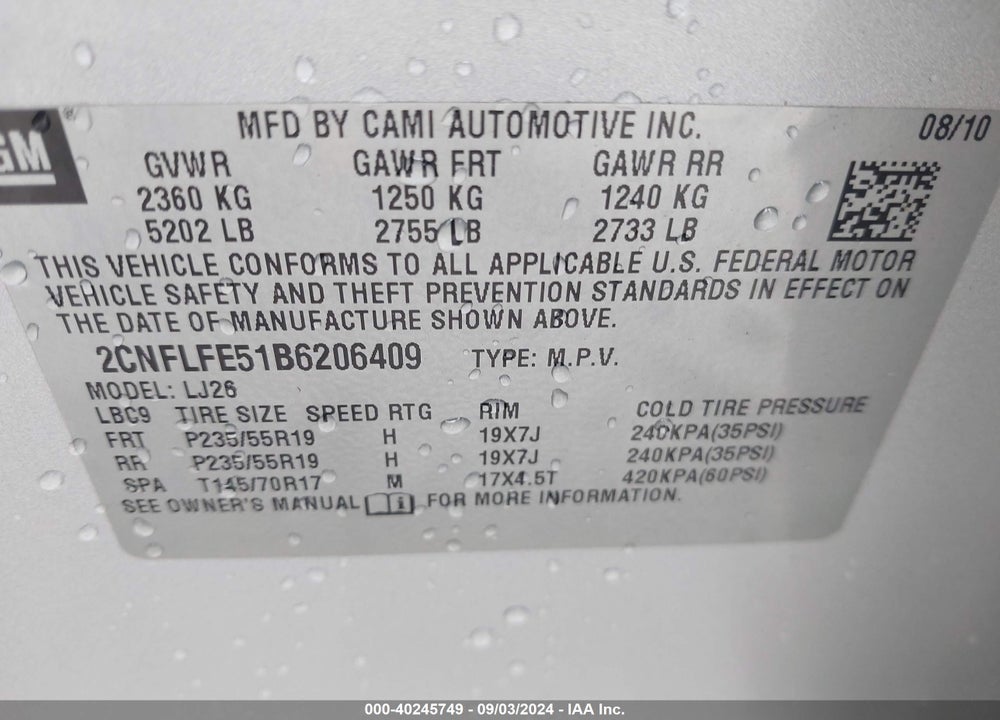 2011 CHEVROLET EQUINOX LTZ VIN: 2CNFLFE51B6206409