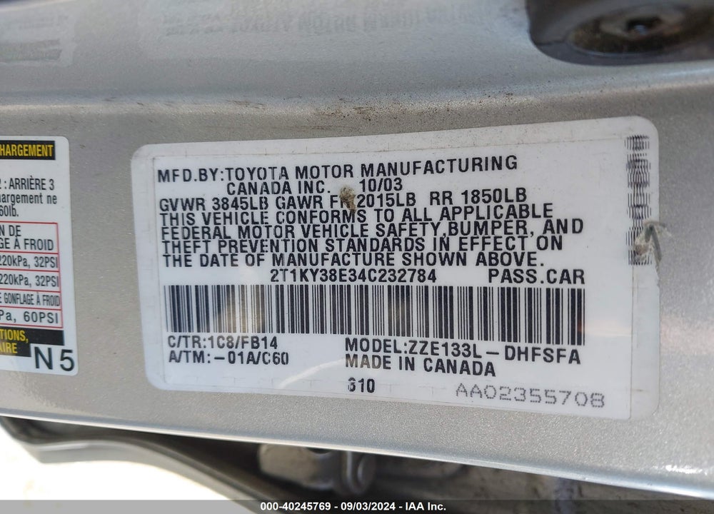 2004 TOYOTA MATRIX XRS VIN: 2T1KY38E34C232784
