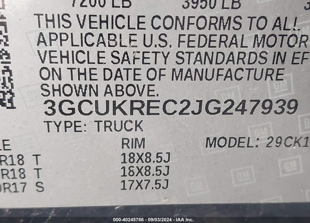 2018 CHEVROLET SILVERADO 1500 2LT VIN: 3GCUKREC2JG247939