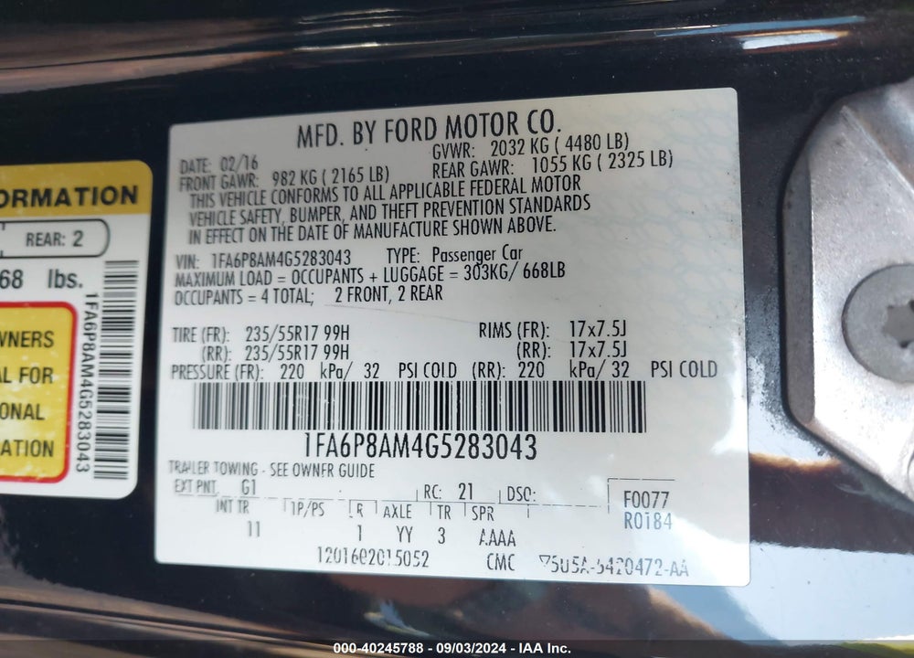 2016 FORD MUSTANG V6 VIN: 1FA6P8AM4G5283043