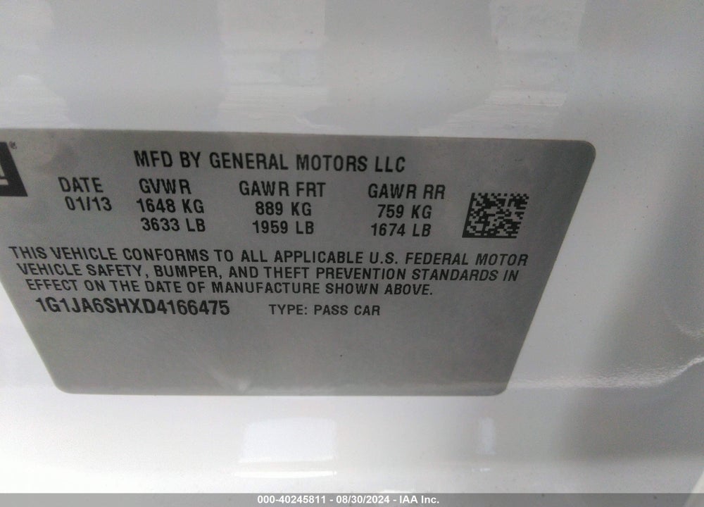 2013 CHEVROLET SONIC LS AUTO VIN: 1G1JA6SHXD4166475